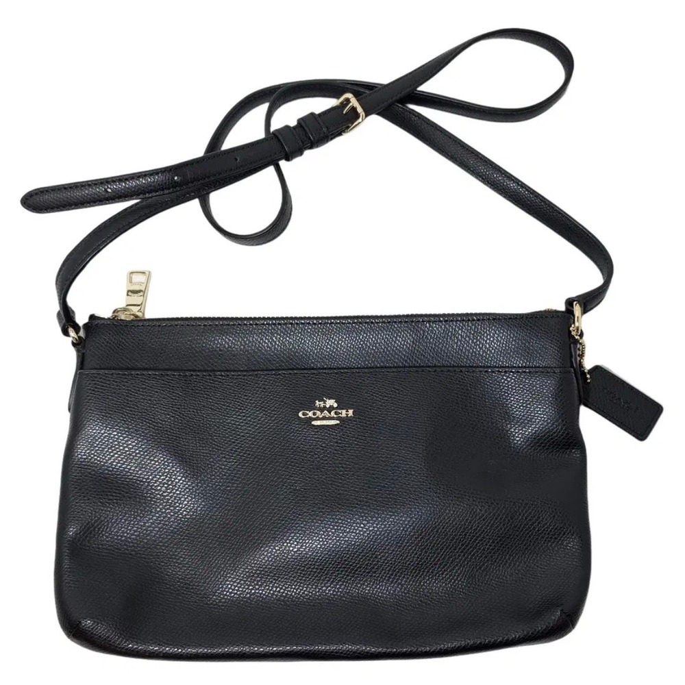 Coach Black Crossgrain Leather Crossbody Bag Gold Hardware Slim Messenger